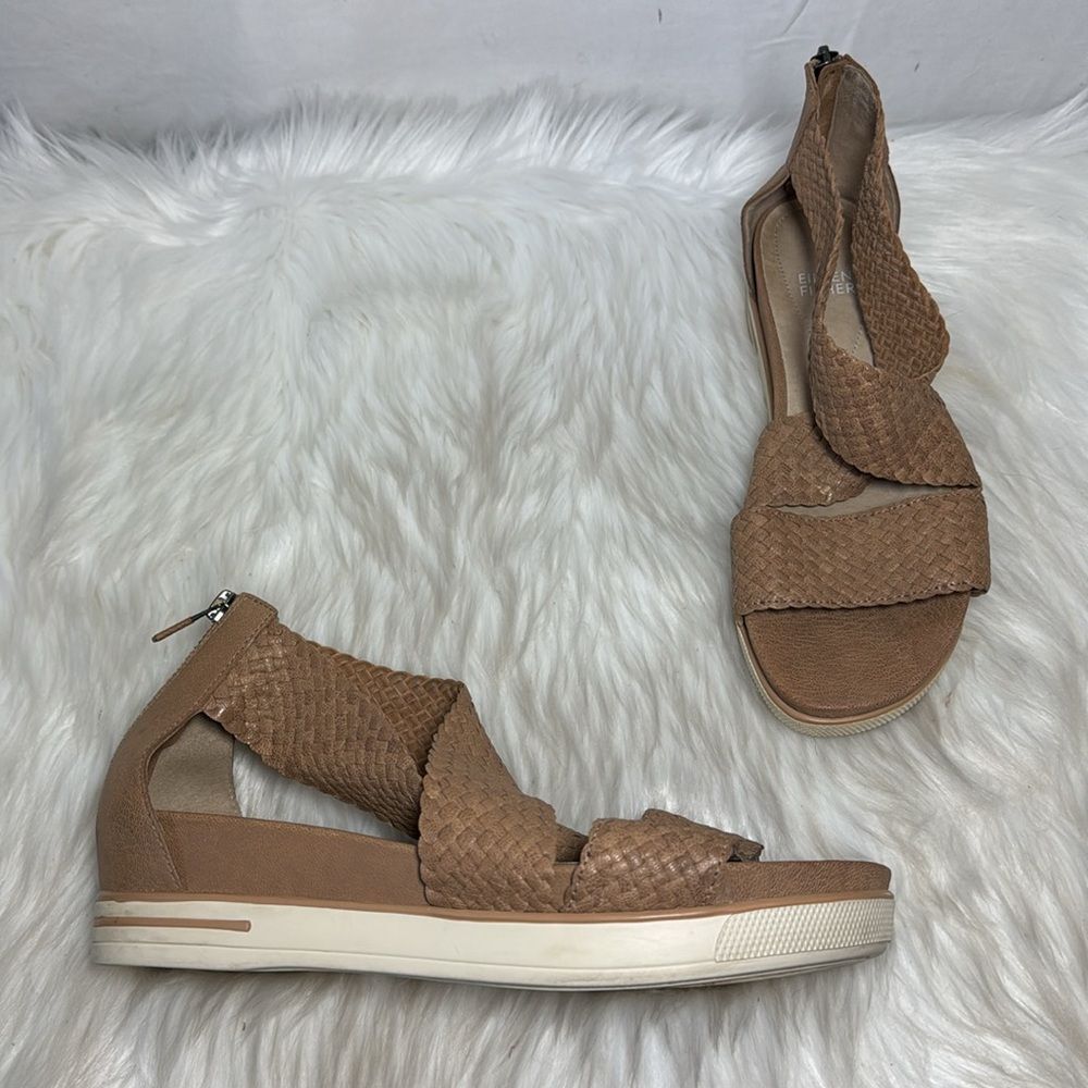 Eileen Fisher Women's Tan Woven Leather Criss Cross Ankle Strap Sandals Sz 9‎